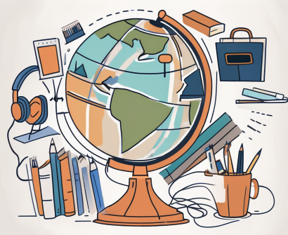 A globe surrounded by various educational tools such as books