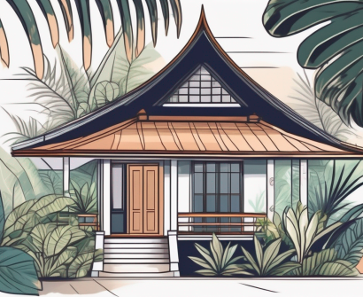 A quaint thai house surrounded by tropical plants with a backpack and a graduation cap placed on the front porch