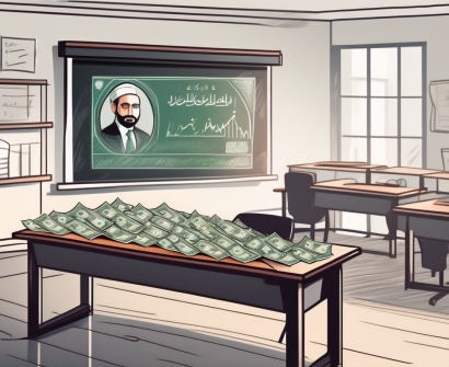 A classroom setting with a teacher's desk filled with uae currency and a chalkboard in the background