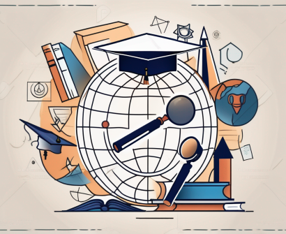 A globe surrounded by various educational symbols like books