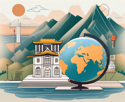 A schoolhouse with a globe and various educational tools