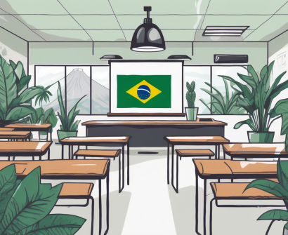 A classroom setting with international flags