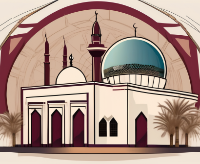 A traditional qatari school building with a globe in the background