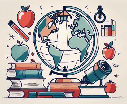A globe with various iconic educational symbols like graduation cap