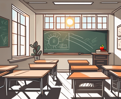 A classroom setting with a chalkboard