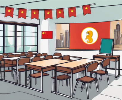 A singaporean classroom with diverse cultural symbols like the merlion