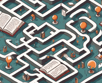 A complex maze with various educational symbols like books
