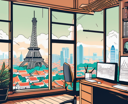 A classroom setting with global elements like the eiffel tower