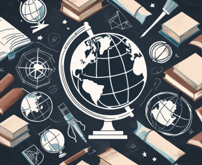 A globe surrounded by various educational tools such as books