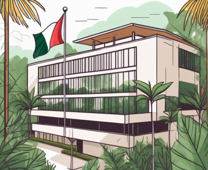An international school building with the brunei flag flying above it