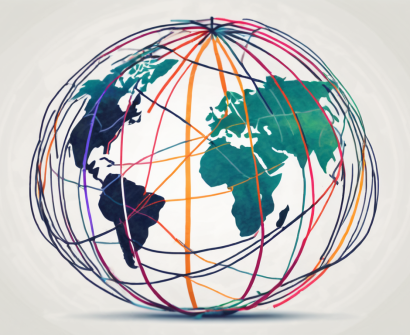 A globe with seven different colored lines connecting various points