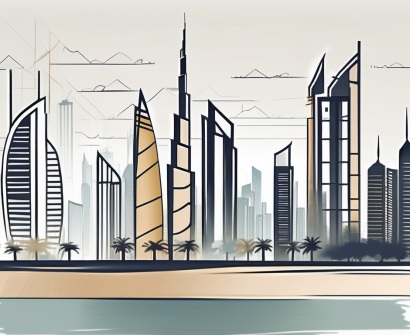 The dubai skyline with symbolic barriers like walls being broken down
