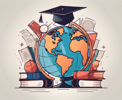 A globe surrounded by various educational symbols such as books