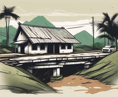 A rural vietnamese landscape with a dilapidated school building