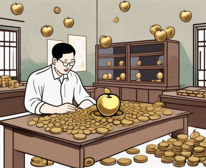 A traditional vietnamese classroom with a teacher's desk filled with various symbols of wealth like a golden apple