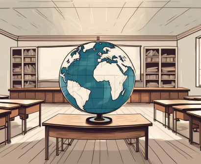 A traditional classroom setting transforming into a globe