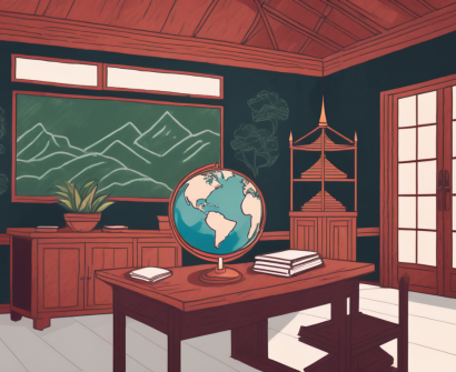 A classroom setting with a teacher's desk