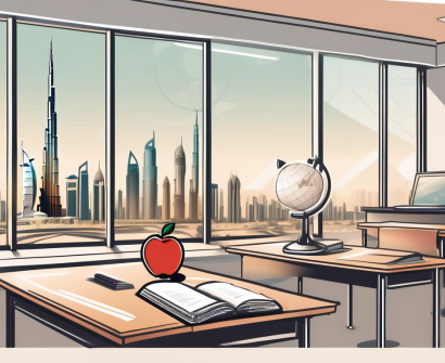 A classroom setting in dubai with a teacher's desk