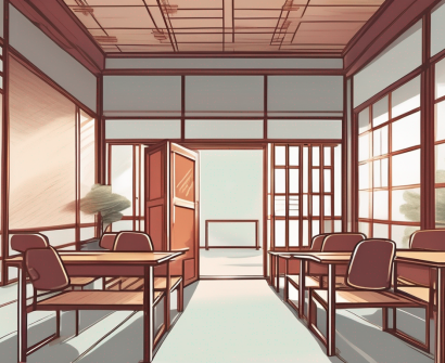 A classroom setting in china with an open door symbolizing opportunities