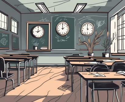 A dimly lit classroom with empty desks and chairs