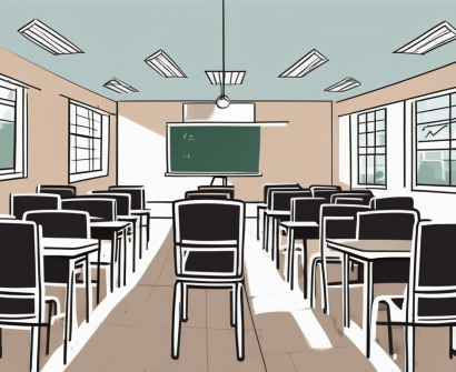 A classroom scene in malaysia with empty chairs and desks