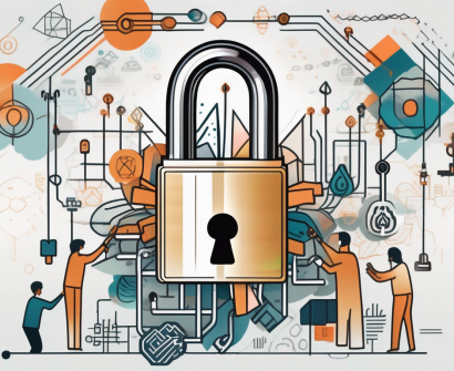 A symbolic lock being opened by a key with six different elements representing creativity