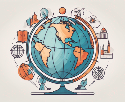 A globe surrounded by four symbolic icons representing education