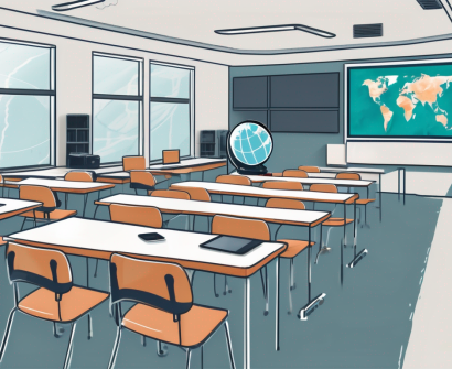 A modern international school classroom filled with advanced technology such as smartboards