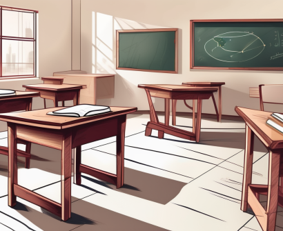 A classroom setting in qatar with traditional qatari architectural elements and educational tools like books