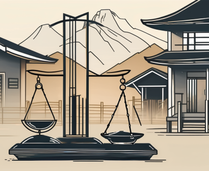 A balanced scale with one side representing urban education (symbolized by modern buildings) and the other side depicting rural education (symbolized by traditional huts)