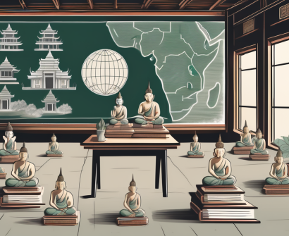 A classroom with thai cultural symbols such as a lotus flower