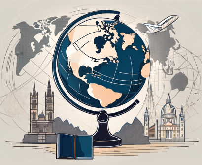 A globe with various international landmarks