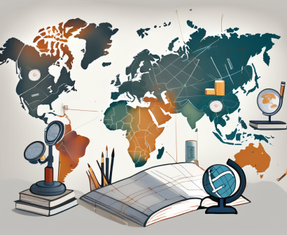 A global map with various school-related symbols like books