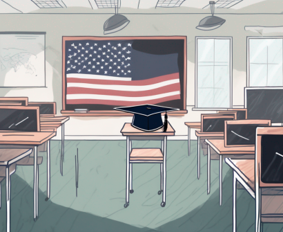 A classroom setting with an american flag and a british flag