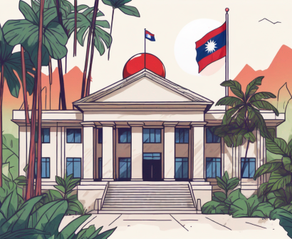 A school building with the cambodian flag flying on top