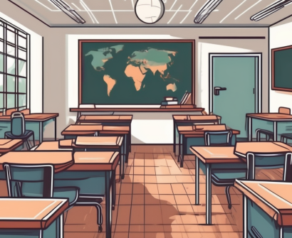 A classroom with empty desks and chairs