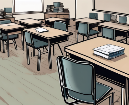 A classroom desk piled high with papers and textbooks