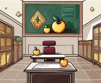 A classroom setting in qatar with a teacher's desk filled with various symbols of wealth
