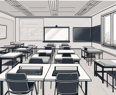 A modern classroom in vietnam equipped with various technological tools like laptops