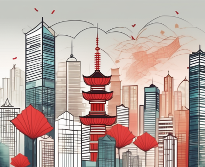 A modern chinese city skyline with yuan symbols incorporated into the design