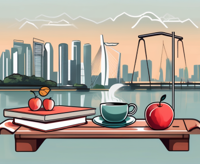 A balanced scale with school-related items like books