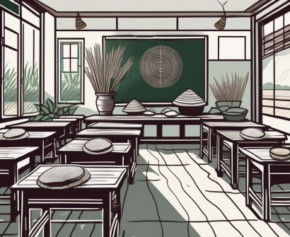 A classroom setting in vietnam with a chalkboard