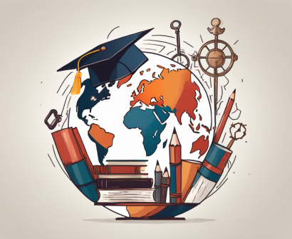 A globe with various iconic educational symbols like books