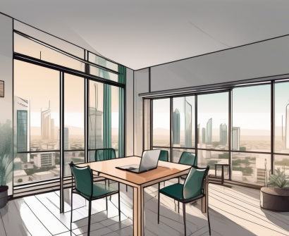 A furnished apartment with a view of a saudi arabian cityscape