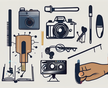 Various artistic tools like a paintbrush