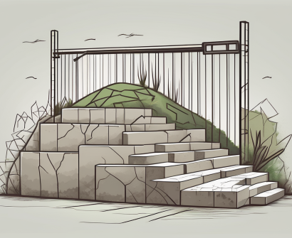 A broken boundary wall with six different obstacles such as a locked gate