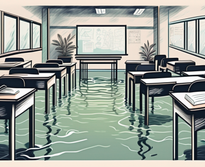 A classroom setting with empty desks and chairs