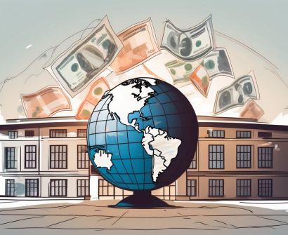 A globe with different national currencies floating around it