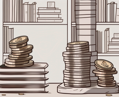 A heavy stack of books and papers on one side of a scale and a small pile of coins on the other