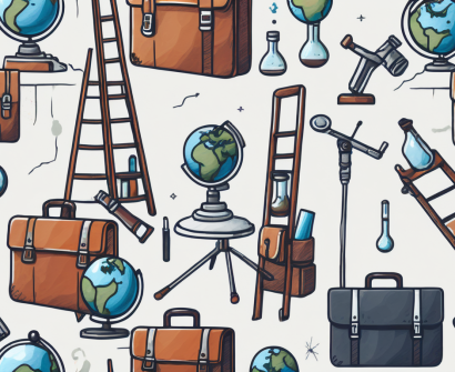 A ladder reaching up towards a collection of ten different symbols representing various professional opportunities (such as a briefcase